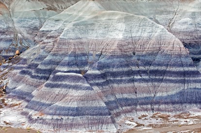 Colinas estriadas de color azul en el Parque Nacional del Desierto Pintado y el Bosque Petrificado, en Arizona, EE UU.