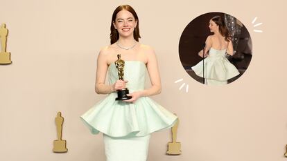 Emma Stone tras ganar el premio a mejor actriz principal en los Oscar 2024 y el momento en el que muestra que su vestido se ha roto. FOTO: GETTY IMAGES (Arturo Holmes/)