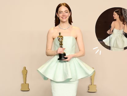 Emma Stone tras ganar el premio a mejor actriz principal en los Oscar 2024 y el momento en el que muestra que su vestido se ha roto. FOTO: GETTY IMAGES (ARTURO HOLMES/MYUNG J. CHUN)