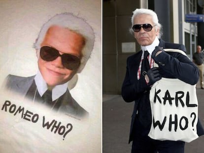 Romeo Beckham caracterizado como Karl Lagerfeld (derecha), en la imagen que su madre ha subido a Twitter.