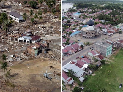 Mesquita de Teunom, al districte d'Aceh Jaya, a la costa nord-occidental de l'illa de Sumatra, una de les zones més properes a l'epicentre del sisme. A la fotografia de l'esquerra es pot observar l'estructura danyada del temple, afectat pel desastre, encara que ha resistit la força de les aigües molt millor que els edificis que té al voltant. A la de la dreta apareix el temple reparat de manera més austera i el poble reedificat al seu voltant. Les fotografies realitzades amb teleobjectiu estan fetes per Choo Youn-Kong el 2 de gener del 2005 i per Chaideer Mahyuddin l'1 de desembre del 2014.