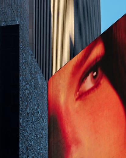 A red eye watching from a billboard in Times Square, New York, in 2021. 