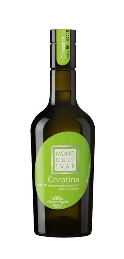 Monini (Coratina). De la provincia de Perugia (Italia), los expertos lo califican de impecable, en un proceso que comienza en la recolección, siempre al amanecer. Elaborado con la variedad coratina, la familia Monini solo emplea la pulpa de esta aceituna. El resultado es un aceite con intenso aroma frutado en nariz, mezcla de la aceituna verde y madura. En boca es un aceite con entrada dulce, fluida, y un picor y amargor medios.