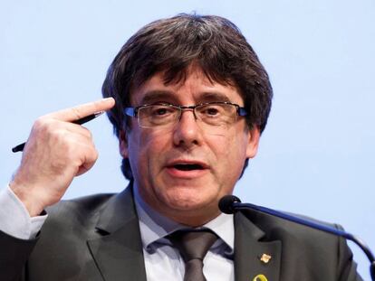 Carles Puigdemont, durant una conferència a Ginebra.