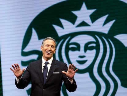 Starbucks CEO Howard Schultz speaks at the Starbucks annual shareholders meeting in Seattle.