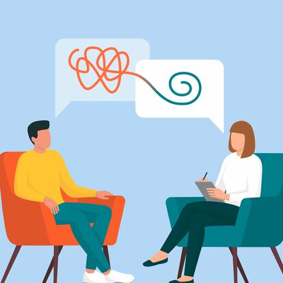Therapist and patient talking together, she is helping him to cope with a stressful situation