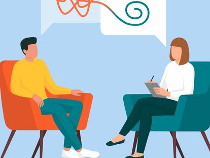 Therapist and patient talking together, she is helping him to cope with a stressful situation