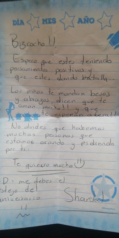 Una de las cartas que recibió Daniel Rodríguez en el hospital.