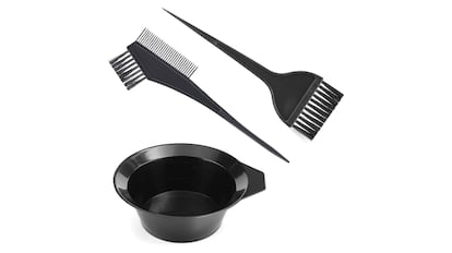 Juego de 3 herramientas para colorear el cabello: cepillo de doble cara, peine y cuenco de mezcla para tintes.