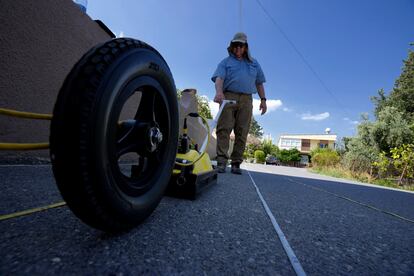 Harry M. Jol, a geography and anthropology professor at the University of Wisconsin Eau Claire, operates a ground-penetrating radar in the village of Exo Metochi, Duzova, in the Turkish occupied area at breakaway Turkish Cypriot north of ethnically divided Cyprus on Tuesday, Sept. 5, 2023