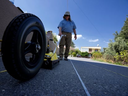 Harry M. Jol, a geography and anthropology professor at the University of Wisconsin Eau Claire, operates a ground-penetrating radar in the village of Exo Metochi, Duzova, on Tuesday, Sept. 5, 2023.