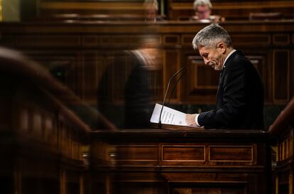 El ministro del Interior, Fernando Grande-Marlaska, durante su comparecencia en el Congreso de los Diputados.