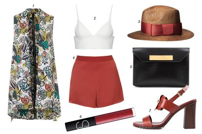 1. Topshop Chaleco largo con print de flores. 2. T by Alexander Wang Cropped top de piel. 3. H&M Sombrero de rafia con lazo. 4. Topshop Shorts de tiro alto. 5. Balenciaga Clutch de piel. 6. NARS Lipgloss. 7. Tod's Sandalia de piel con tacn de madera.