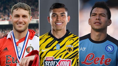 Los futbolistas mexicanos Santiago Giménez, Orbelín Pineda e Hirving Lozano.