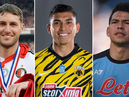 Los futbolistas mexicanos Santiago Giménez, Orbelín Pineda e Hirving Lozano.