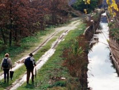 Dos excursionistas pasean por el término municipal de San Martín de la Vega.