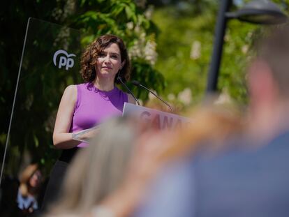 Isabel Díaz Ayuso, durante el mitin celebrado este domingo en Majadahonda.