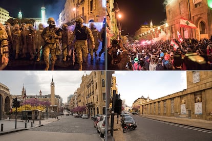 Combo de imágenes de los manifestantes en Beirut, en diciembre. Abajo, el mismo lugar el 26 de marzo.