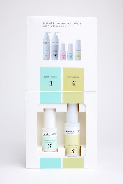 También triunfa en redes sociales la línea de belleza SkinRoutine, de la periodista Paloma Sancho. En farmacias presenta ahora 'packs' tanto con la rutina de día, como con la de noche (en la imagen, el sérum con retinol y la crema, 52 euros).