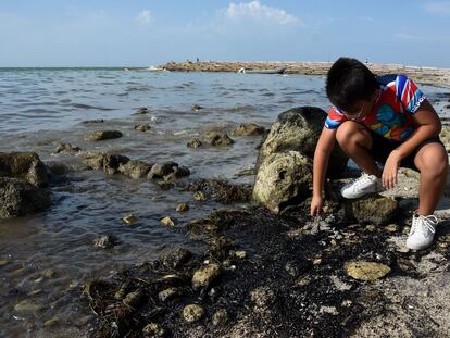 Residuos de combustóleo recalaron a la orilla en playa bonita en Campeche, el pasado 26 de julio.