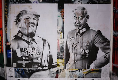 Eylül ayı başlarında Berlin'de, İsrail'in Filistin'e yönelik saldırılarını kınayan bir dizi hiciv posteri ortaya çıktı. Fotoğrafta, Nazi üniformaları giymiş Başkan Donald Trump ve İsrail Başbakanı Netanyahu'ya ithaf edilen poster görülüyor.