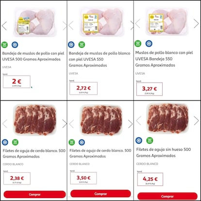 Comparación de precios de productos de Alcampo en el hilo de Twitter de Alejandra de la Fuente. El de la izquierda es de 2021, el del centro de marzo de 2022 y el de la derecha del 10 de octubre.