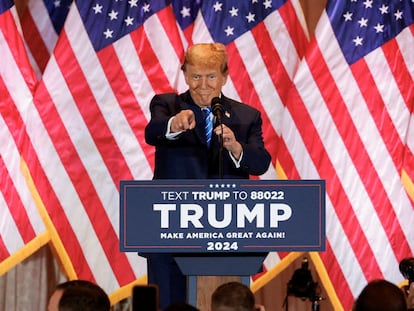 Donald Trump, durante el discurso de celebración de su victoria en las primarias del Supermartes.