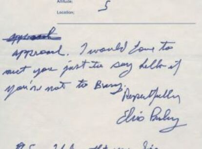 Detalle de la carta que escribió Elvis Presley al presidente de Estados Unidos Richard Nixon, en 1970. El documento se encuentra en el archivo de la Casa Blanca.