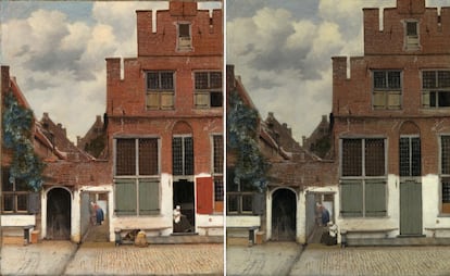 'La callejuela (Het straatje)', de Johannes Vermeer. A la izquierda, en la actualidada; a la derecha, la reproducción digital.
