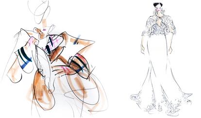 Illustrations by Lucy Victoria Davis of a Vivienne Westwood suit and a Rosa Clará dress, published in the book ‘Sketching Fashion.’