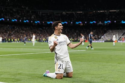 Brahim Díaz celebrando su gol frente al Braga en la Champions League.