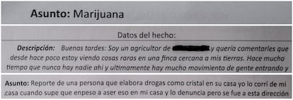 Fragmentos de tres de los correos anónimos enviados por ciudadanos al correo antidrogas de la Policía Nacional.