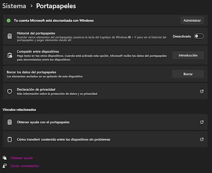 Opciones del Portapapeles  de Windows 11