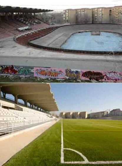 Arriba, el canódromo, cuando se utilizaba como albergue de personas sin hogar, con el velódromo. En la siguiente fotografía, el estado actual del recinto.