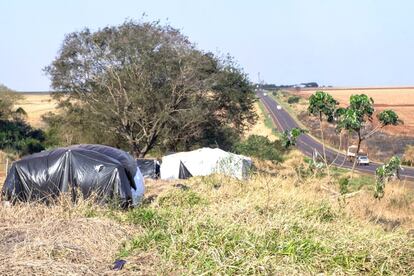 Imagen de las barracas montadas por la familia de la líder guaraní Damiana Cavanha cerca de la carretera. Muchos guaraníes, expulsados de sus tierras se instalan en los bordes de las calzadas más cercanas esperando una resolución judicial que los permita regresar. Algunas comunidades llevan más de 30 años viviendo bajo lonas en los márgenes de un camino. 