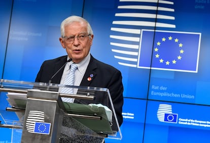 El jefe de la diplomacia europea, Josep Borrell, tras el Consejo de ministros de Defensa este jueves, en Bruselas.