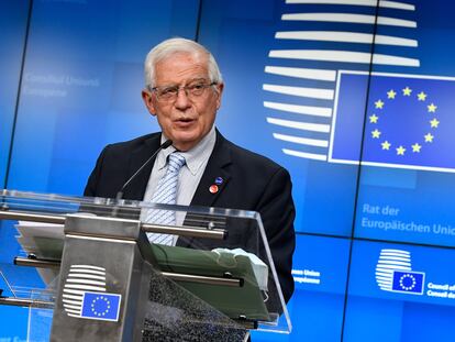 El jefe de la diplomacia europea, Josep Borrell, tras el Consejo de ministros de Defensa este jueves, en Bruselas.