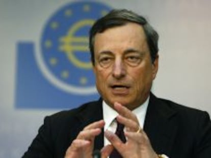 Mario Draghi, presidente del BCE, en la rueda de prensa en Fr&aacute;ncfort.