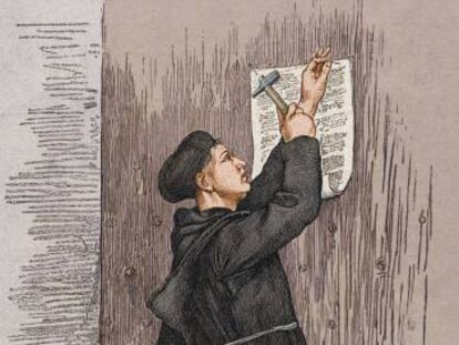 Grabado que representa a Lutero clavando sus 95 tesis.