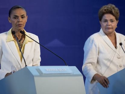 As candidatas Marina Silva e Dilma Rousseff durante um debate.