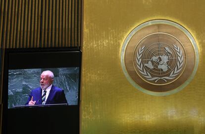 El presidente de Brasil, Luiz Inácio Lula da Silva, durante su intervención ante la Asamblea General de la ONU este martes en Nueva York.