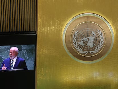 El presidente de Brasil, Luiz Inácio Lula da Silva, durante su intervención ante la Asamblea General de la ONU este martes en Nueva York.