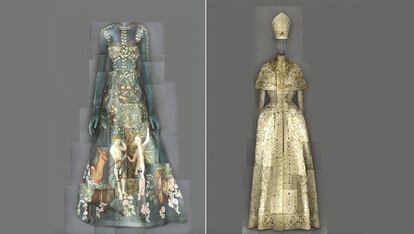 Vestido de Grazia Chiuri y Piccioli para Valentino con obra de Lucas Cranach el Viejo (izquierda) y conjunto de noche de John Galliano para Christian Dior, en la exposición 'Moda celestial' del Metropolitan.
 
 