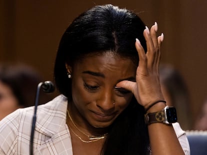 A ginasta Simone Biles, durante depoimento ao Senado dos EUA.