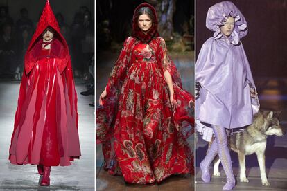 Caperucita Roja

Varias son las firmas que no se han podido resistir a la enigmática capa roja, como Dolce and Gabbana (centro), o Comme des Garçons (izq.). En 2002 Mcqueen ofreció una osada versión (con lobos incluida).