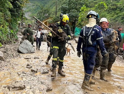 Las fuertes lluvias generaron una creciente súbita de la quebrada Naranjal, que se desbordó y arrasó con más de veinte casas de un pequeño corregimiento del lugar. En la imagen, equipos de rescate trabajan en la zona de la avalancha. 