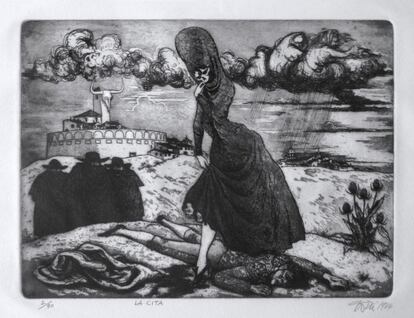 'La cita. Taurmaquia onírica' (1964) de Lorenzo Goñi. Aguafuerte/ aguatinta 25 x 32 cm.