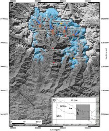 Les glaceres d'aquesta zona de l'Himàlaia neixen de les muntanyes més altes del món, com l'Everest.