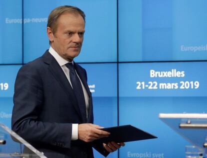 El presidente del Consejo Europeo, Donald Tusk, durante la rueda de prensa que ha ofrecido este jueves.