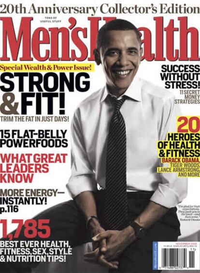 El senador demócrata, candidato a la presidencia de Estados Unidos, Barack Obama, posa para la portada de la edición estadounidense de la revista Men's Health de noviembre de 2008